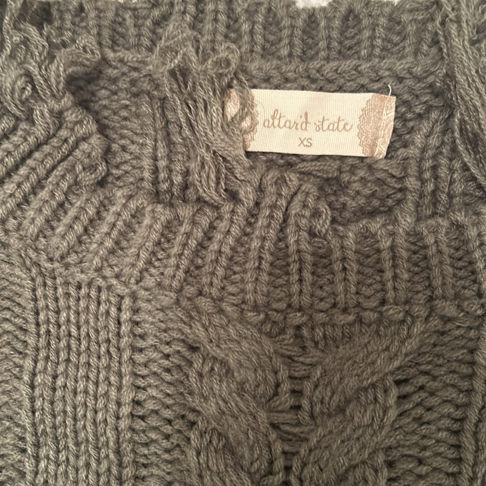 Altar’d State olive green cropped sweater with tasseled hems.  Size XS. - Picture 2 of 3